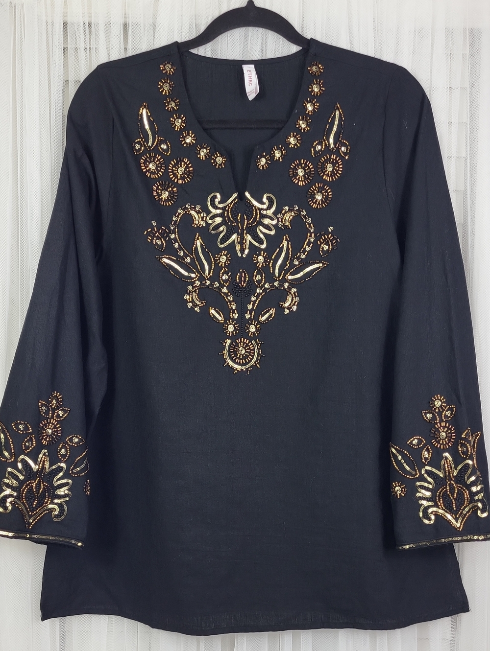 ETHNC Embroidered Black Women's Tunic Top with Gold Accents. Size M